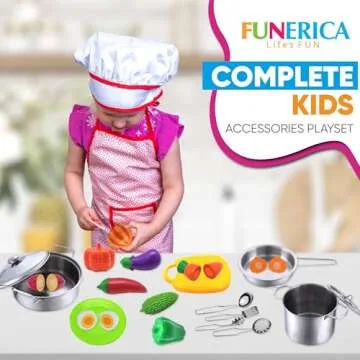 FUNERICA Toddler Kitchen Accessories Playset with Cutting Food Vegetables and Stainless-Steel Play Pots - Pretend Kids Cooking Utensils - Apron & Chef Hat - Toy Knife & Cutting Board for Girls & Boys
