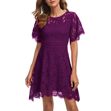 MSLG Women's Elegant Round Neck Short Sleeves Wedding Guest Floral Lace Cocktail Party Dress 943 (S,...