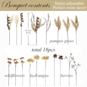 18Pcs Boho Faux Fall Dried Pampas Grass Silk Hydrangea Flowers Bouquets Fall Decor, Fake Autumn Than...