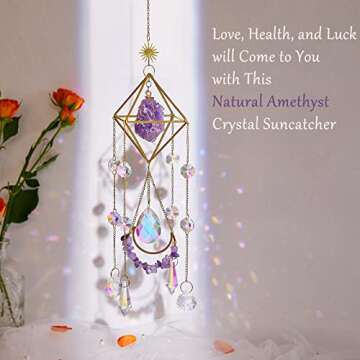 Amethyst Crystal Suncatcher - Hanging Gold Plated Garden Sun Catcher for Windows, Healing Amethyst C...