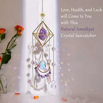 Amethyst Crystal Suncatcher - Hanging Gold Plated Garden Sun Catcher for Windows, Healing Amethyst C...