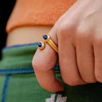 Dikixe Western Natural Lapis Lazuli Snake Shape Statement Ring, Blue Gemstone18K Gold Plated Minimalist Stack Cocktail Party Ring for Women