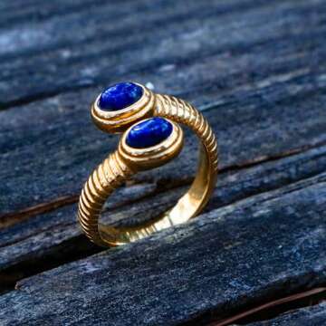 Dikixe Western Natural Lapis Lazuli Snake Shape Statement Ring, Blue Gemstone18K Gold Plated Minimalist Stack Cocktail Party Ring for Women