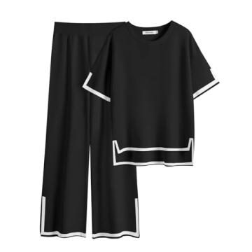 Caracilia Womens Two Piece Outfits 2024 Summer Knit Sweater Sets Short Sleeve Lounge Matching Set Lo...