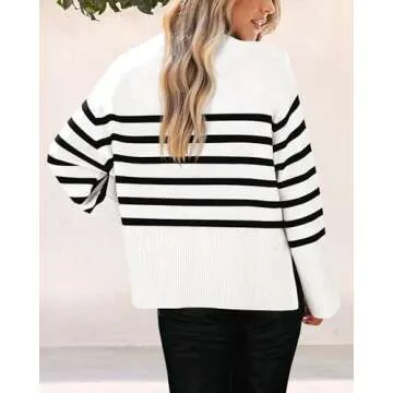 PRETTYGARDEN Women's 2024 Fall Striped Sweater Oversized Long Sleeve Crew Neck Side Slit Casual Tren...