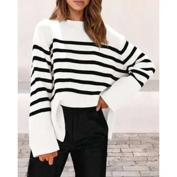 PRETTYGARDEN Women's 2024 Fall Striped Sweater Oversized Long Sleeve Crew Neck Side Slit Casual Trendy Knit Pullover Sweaters (White,Small)
