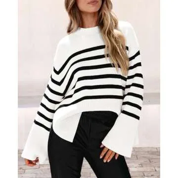 PRETTYGARDEN Women's 2024 Fall Striped Sweater Oversized Long Sleeve Crew Neck Side Slit Casual Trendy Knit Pullover Sweaters (White,Small)