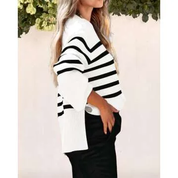 PRETTYGARDEN Women's 2024 Fall Striped Sweater Oversized Long Sleeve Crew Neck Side Slit Casual Trendy Knit Pullover Sweaters (White,Small)
