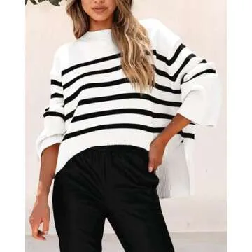 PRETTYGARDEN Women's 2024 Fall Striped Sweater Oversized Long Sleeve Crew Neck Side Slit Casual Trendy Knit Pullover Sweaters (White,Small)