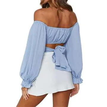 LYANER Women's Cute Off Shoulder Long Sleeve Self Tie Knot Crop Tube Top Blouse Blue Medium
