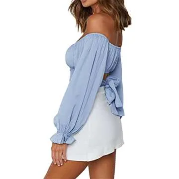 LYANER Women's Cute Off Shoulder Long Sleeve Self Tie Knot Crop Tube Top Blouse Blue Medium