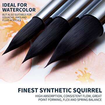 ARTEGRIA Watercolor Brush Set, 10 Soft Synthetic Squirrel Paint Brushes, Including Pointed Rounds, Flats, Dagger, Oval Wash