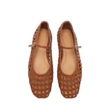 Molozoey Woven Mesh Ballet Flats for Women with Metal Buckle Strap Ballerina Flat Shoes Comfortable Round Toe Mary Jane Flat Brown.