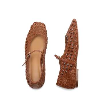 Molozoey Woven Mesh Ballet Flats for Women with Metal Buckle Strap Ballerina Flat Shoes Comfortable Round Toe Mary Jane Flat Brown.