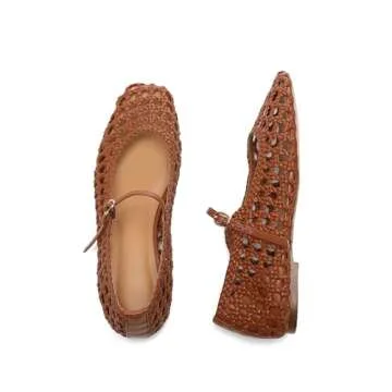 Molozoey Woven Mesh Ballet Flats for Women with Metal Buckle Strap Ballerina Flat Shoes Comfortable Round Toe Mary Jane Flat Brown.