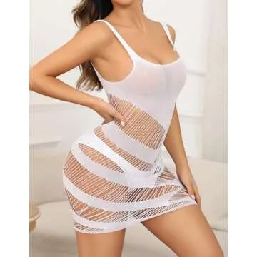 Avidlove Womens Lingerie Fishnet Bodycon Dress Mesh Babydoll Fishnet Sparkle Rhinestone Cut Out Romper Sexy Outfit White