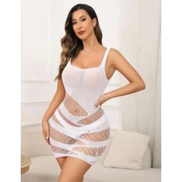 Avidlove Womens Lingerie Fishnet Bodycon Dress Mesh Babydoll Fishnet Sparkle Rhinestone Cut Out Romper Sexy Outfit White