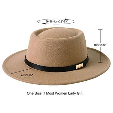 Lanzom Women Vintage Wide Brim Warm Wool Fedora Hat Belt Panama Hat Felt Jazz Hat (A-Camel, Medium)
