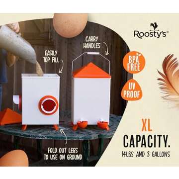 Roosty's XL 14lb Chicken Feeder and Waterer Set, Large Chicken Waterer 3 Gallon, Automatic Chicken Feeder No Waste, Chicken Water Feeder, Chicken Water Dispenser, Poultry Feeder, Large Chicken Feeders