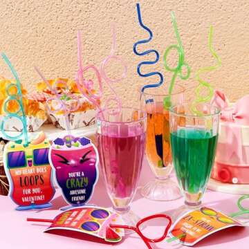JOYIN 36 Pack Valentines Day Gift Cards with Colorful Loop Reusable Drinking Straws for Valentine Pa...