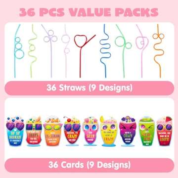 JOYIN 36 Pack Valentines Day Gift Cards with Colorful Loop Reusable Drinking Straws for Valentine Party Favors Toy,Kids Classroom Gift Exchange Prizes