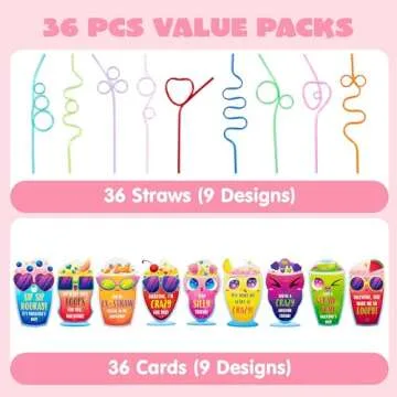 JOYIN 36 Pack Valentines Day Gift Cards with Colorful Loop Reusable Drinking Straws for Valentine Party Favors Toy,Kids Classroom Gift Exchange Prizes