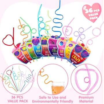 JOYIN 36 Pack Valentines Day Gift Cards with Colorful Loop Reusable Drinking Straws for Valentine Party Favors Toy,Kids Classroom Gift Exchange Prizes