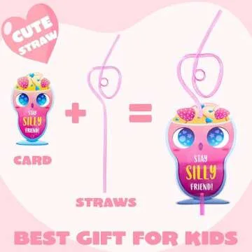 JOYIN 36 Pack Valentines Day Gift Cards with Colorful Loop Reusable Drinking Straws for Valentine Party Favors Toy,Kids Classroom Gift Exchange Prizes