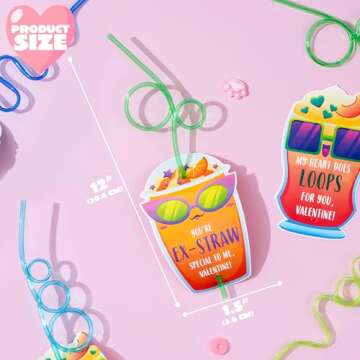 JOYIN 36 Pack Valentines Day Gift Cards with Colorful Loop Reusable Drinking Straws for Valentine Party Favors Toy,Kids Classroom Gift Exchange Prizes