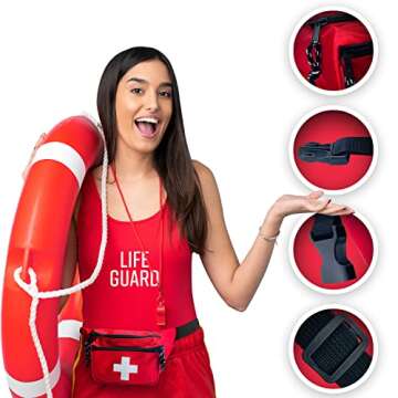 ASA TECHMED Lifeguard Fanny Pack with Whistle Lanyard - Baywatch Style First Aid Hip Pack w/Adjustable Strap, Cross Logo + Zipper Pouch, Emergency Equipment Set Red