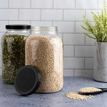 2 Pack - 1 Gallon Glass Mason Jar - Large Jar with Wide Mouth & Plastic Lid - Container for Storing Dry Foods, Spices, Pasta, Legumes and Pet Food - Airtight Kitchen Storage (Black Cap)