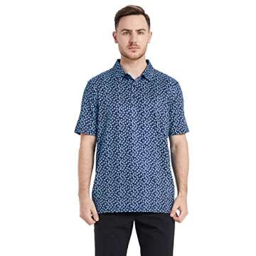 Golf Shirts for Men Dry Fit Short Sleeve Print Performance Moisture Wicking Polo Shirt Navy Palm