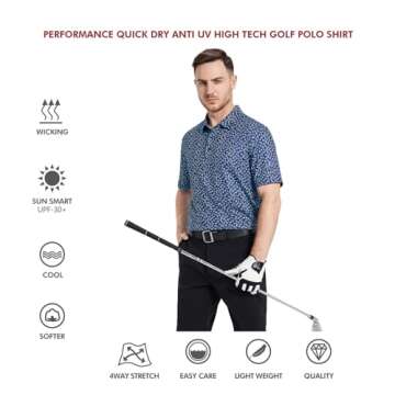Golf Shirts for Men Dry Fit Short Sleeve Print Performance Moisture Wicking Polo Shirt Navy Palm