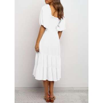R.Vivimos Women's Summer Cotton Lantern Sleeves Ruffled Off Shoulder A-Line Midi Dresses (Large, White)