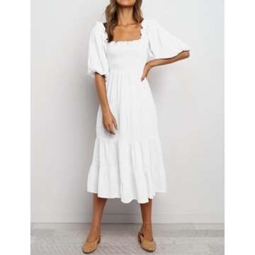 R.Vivimos Women's Summer Cotton Lantern Sleeves Ruffled Off Shoulder A-Line Midi Dresses (Large, White)