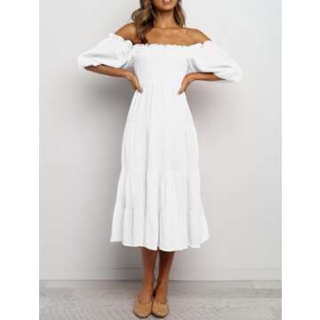 R.Vivimos Women's Summer Cotton Lantern Sleeves Ruffled Off Shoulder A-Line Midi Dresses (Large, White)