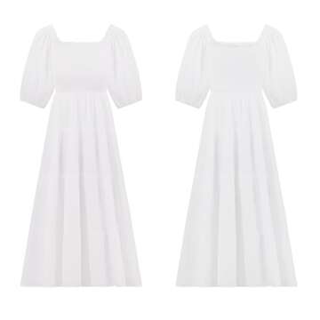 R.Vivimos Women's Summer Cotton Lantern Sleeves Ruffled Off Shoulder A-Line Midi Dresses (Large, White)