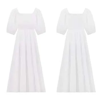 R.Vivimos Women's Summer Cotton Lantern Sleeves Ruffled Off Shoulder A-Line Midi Dresses (Large, White)