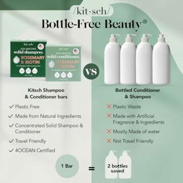 Kitsch Rosemary & Biotin Shampoo and Conditioner Bar Set for Thinning Hair - Volume Shampoo & Conditioner Bar for Men and Women, Hair Thickening & Regrowth Combo, Paraben Free, Made in USA - 2pcs