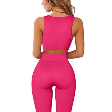 QINSEN Workout Outfits for Women 2 Piece Ribbed Seamless Crop Tank High Waist Yoga Leggings Sets (S, Rosy)