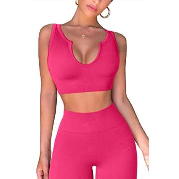 QINSEN Workout Outfits for Women 2 Piece Ribbed Seamless Crop Tank High Waist Yoga Leggings Sets (S, Rosy)