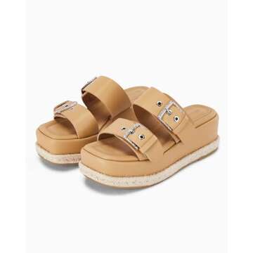 Coutgo Women's Platform Sandals, Adjustable Buckle Slides, Slip on Open Toe Espadrille Summer Shoes, Light Brown, Size 9.5