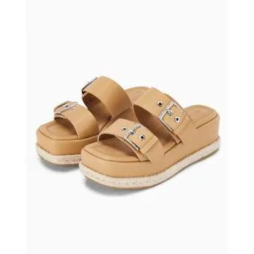 Coutgo Women's Platform Sandals, Adjustable Buckle Slides, Slip on Open Toe Espadrille Summer Shoes, Light Brown, Size 9.5