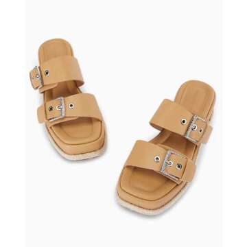 Coutgo Women's Platform Sandals, Adjustable Buckle Slides, Slip on Open Toe Espadrille Summer Shoes, Light Brown, Size 9.5