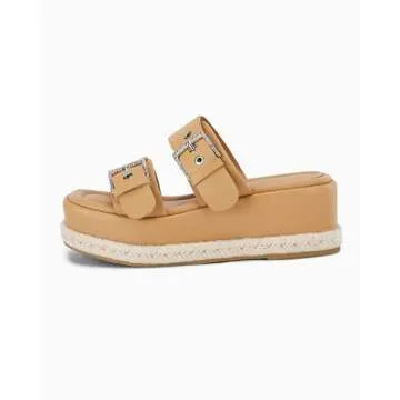 Coutgo Women's Platform Sandals, Adjustable Buckle Slides, Slip on Open Toe Espadrille Summer Shoes, Light Brown, Size 9.5