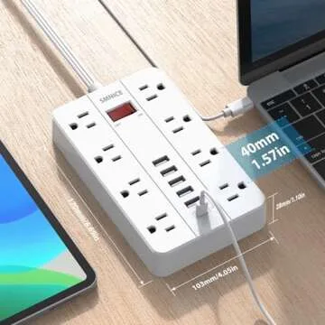 SMNICE Power Strip with USB,Surge Protector Flat Plug with 8 Widely Spaced Outlets and 6 USB Ports(1 USB C), 5ft Extension Cord Wall Mountable Phone Tablet Laptop Computer Multiple Devices