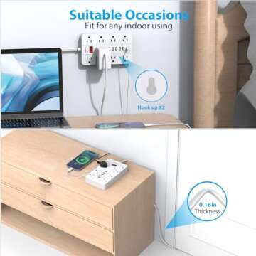 SMNICE Power Strip with USB,Surge Protector Flat Plug with 8 Widely Spaced Outlets and 6 USB Ports(1 USB C), 5ft Extension Cord Wall Mountable Phone Tablet Laptop Computer Multiple Devices