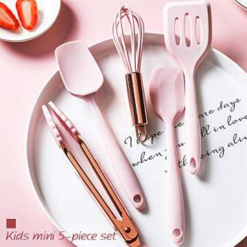 Collfa Rose Gold And Pink Kitchen Utensil Small Five-Piece Set Mini Silicone Kids Kitchen Tools Whis...
