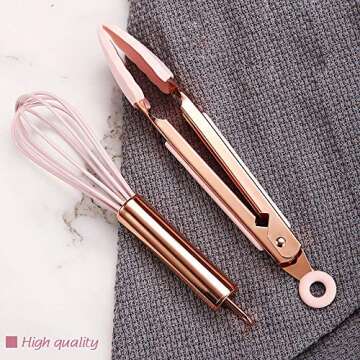Collfa Rose Gold And Pink Kitchen Utensil Small Five-Piece Set Mini Silicone Kids Kitchen Tools Whisk Spatula Tongs Spoon And Slotted Spatula(Kids Baking Supplies)