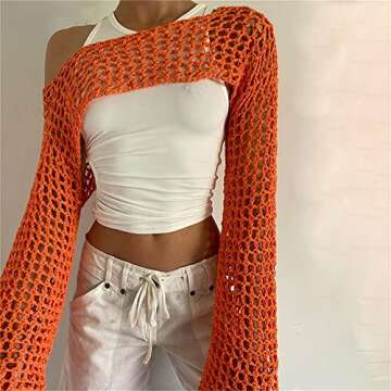 AIWUFLY Women's Cute Crochet Crop Top Y2K Knit Long Sleeve See Through Shrug Beach Cover Ups Orange ...